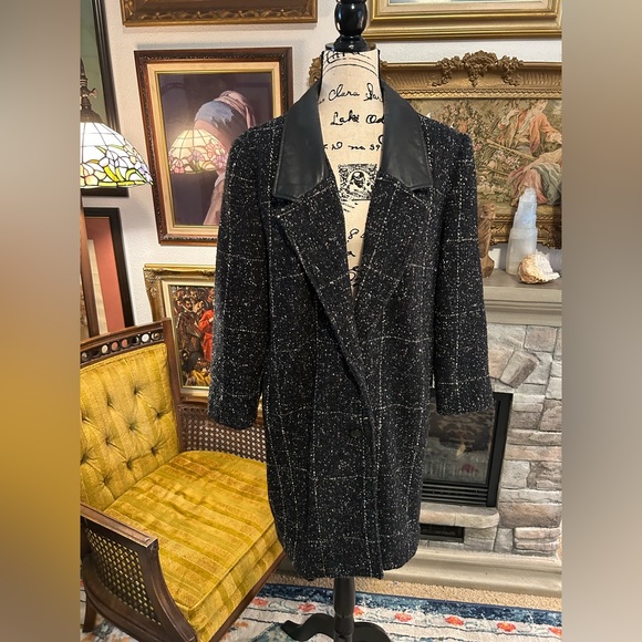 Vtg Coat Leather Lapel Havoc Black Tweed Coat Women’s 10 - Picture 1 of 9
